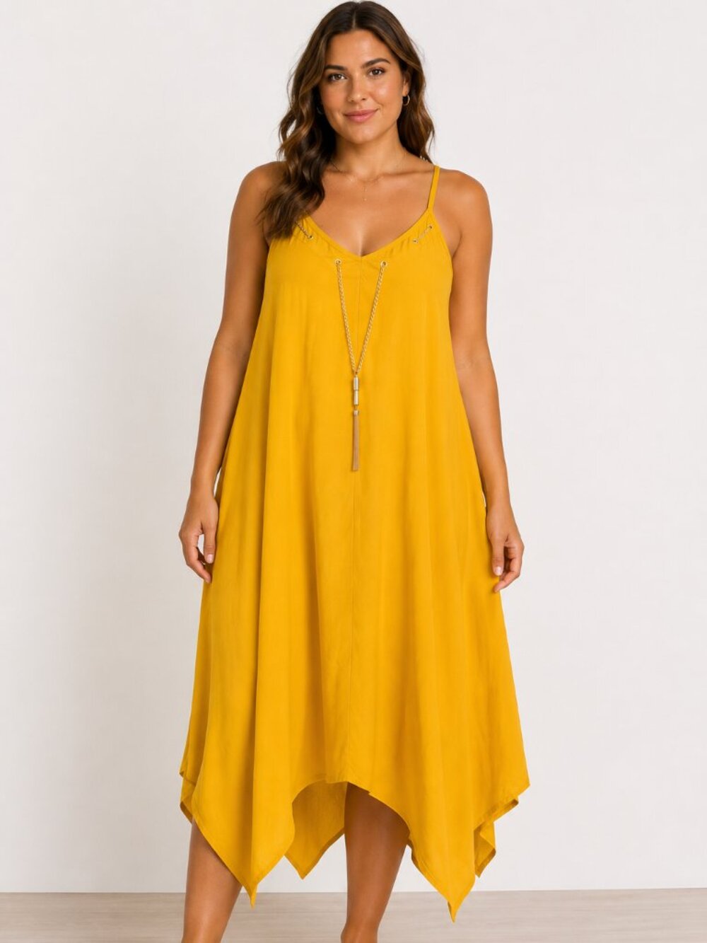 Speed Control Mustard Handkerchief Hem Swing Dress 1X